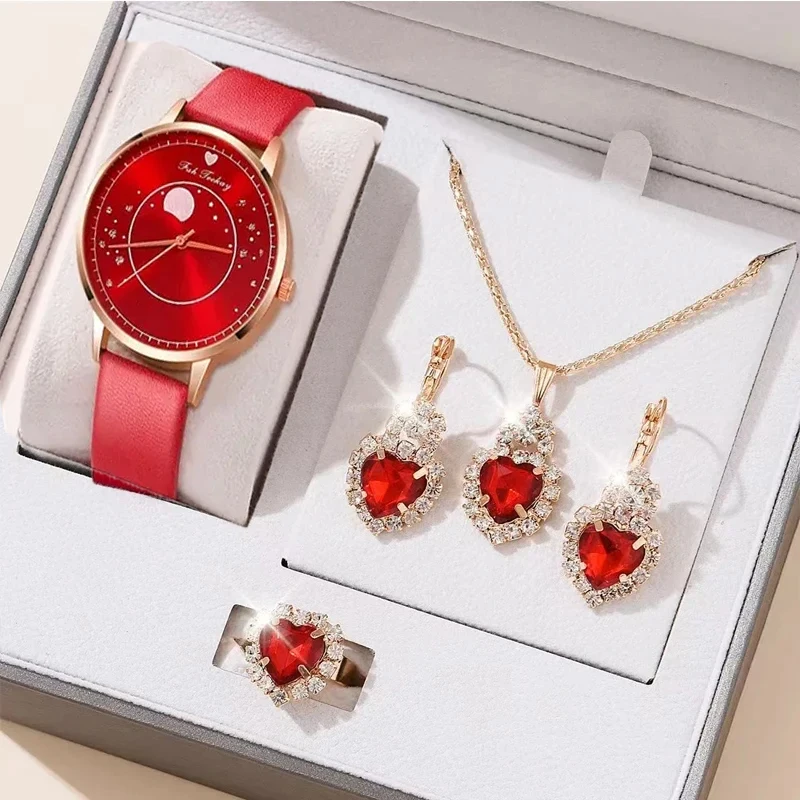 مجموعة ساعات يد نسائية من الجلد ، ساعة يد نسائية تناظرية ، سوار بسيط ، هدية عادية ، جديد ، 5 قطعة