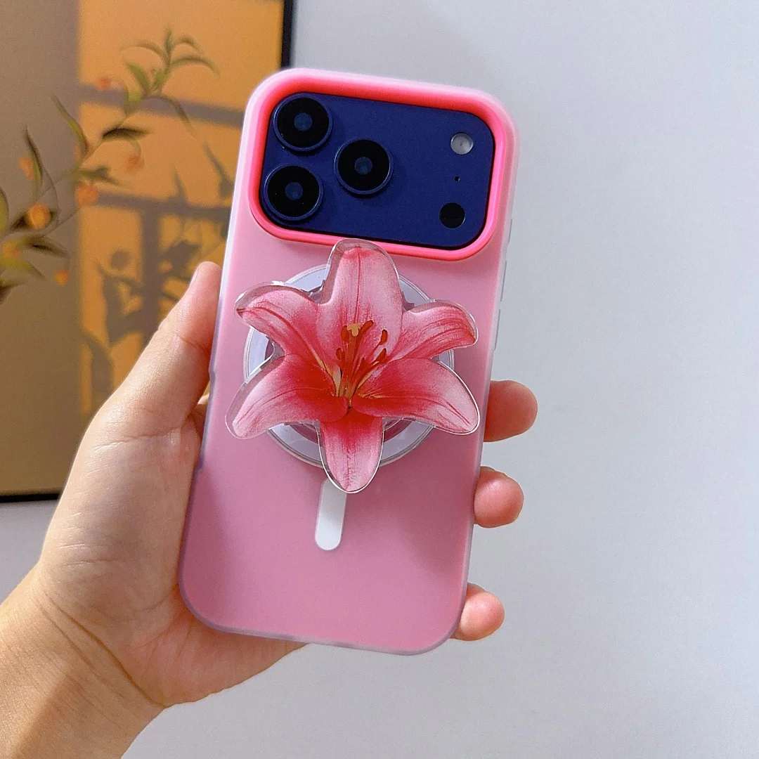 Custodia con staffa di aspirazione magnetica fiore carino moda per iPhone 17 16 15 14 Cover per telefono 16 14 13 Pro MAX Custodia rigida antiurto posteriore