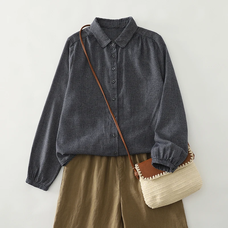 

Casual Style Color Woven Plaid Collar Shirt Artistic Vintage Loose Fit Long Sleeve Women's Top for Spring Autumn Fashion