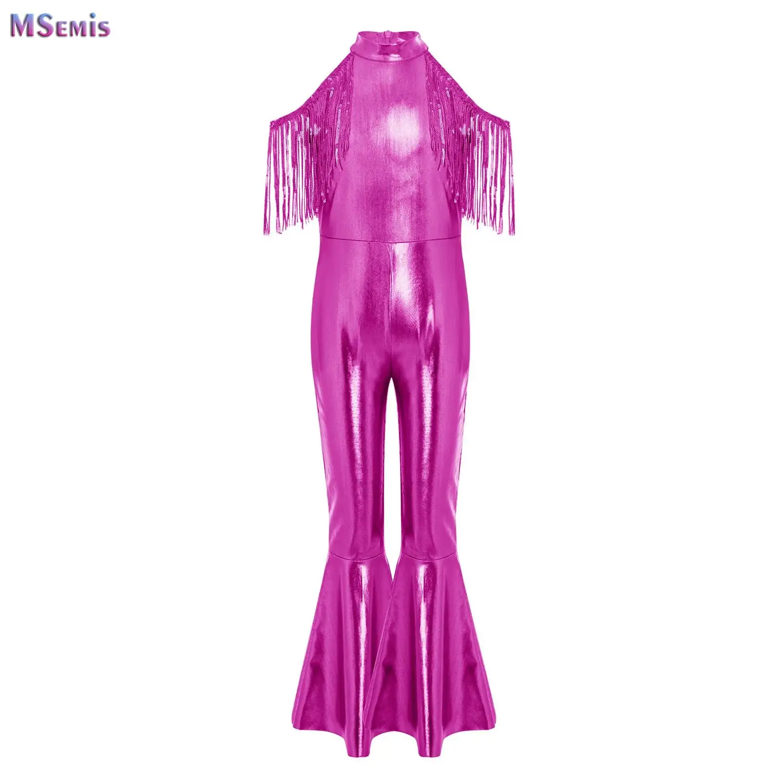 

Kids Girls Jazz Disco Dancewear Cold Shoulder Sequined Tassel Sleeves Rompers Bell Bottom Legs Jumpsuit for Stage Performance