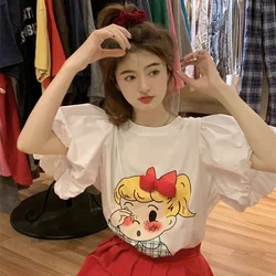 Design Casual Loose Bubble Cartoon Top Bow White Short Sleeved T-shirts Grunge Tshirt Graphic T Shirts Ropa Mujer Tees Y2k