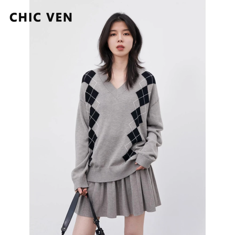 

CHIC VEN Women Knitted Sweater Loose Casual V-neck Diamond Grid Jacquard Female Knitwear Pleated Skirt Set Spring Autumn 2026