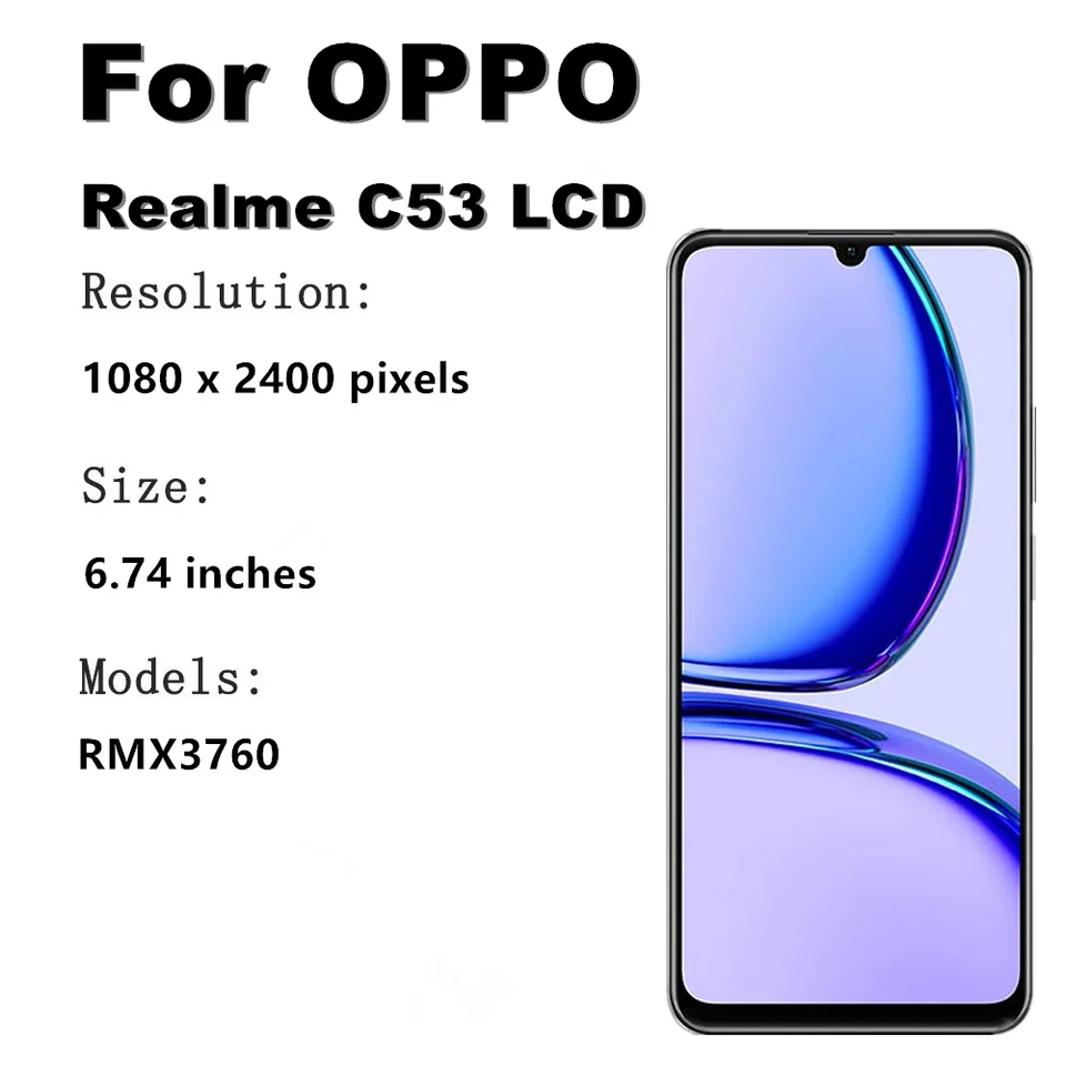 Pantalla LCD de 6.74" para Realme C53 RMX3760, con táctil y marco 2