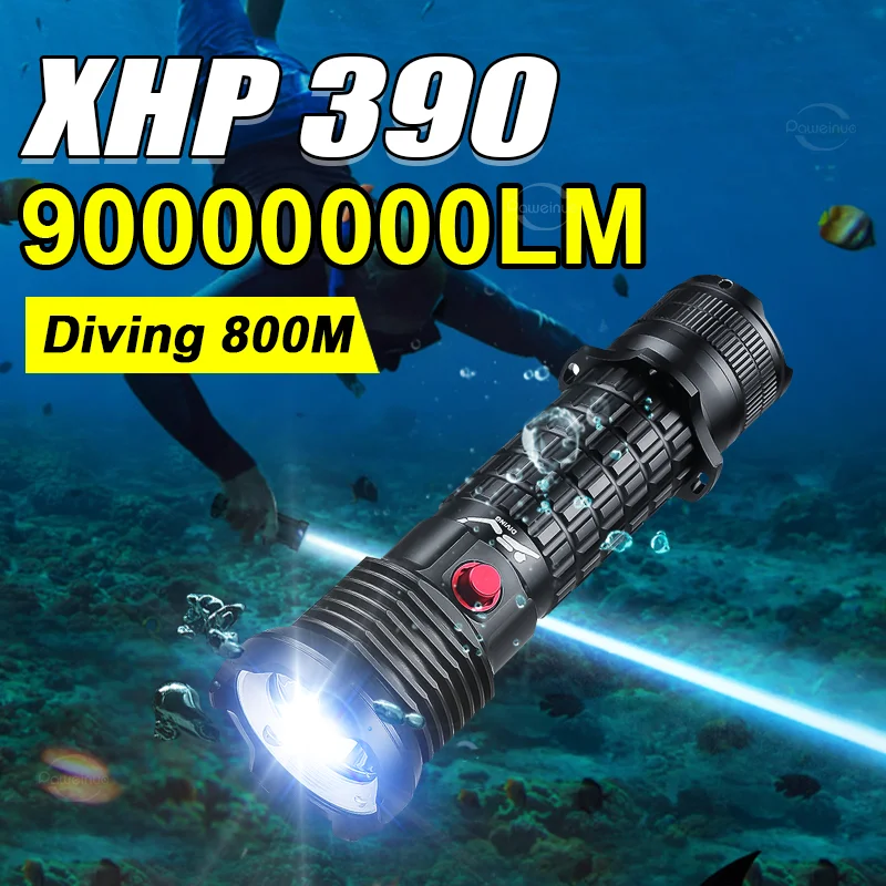 Professional Spearfishing Hunting Scuba 90000000LM Diving Flashlight XHP390 LED Dive Light 26650 Torch Underwater Flashlight