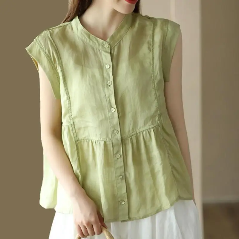 Women Summer Casual Loose Temperament Solid Color Appear Thin O-neck Sleeveless Shirts Women Clothes Casual All-match Top Tee