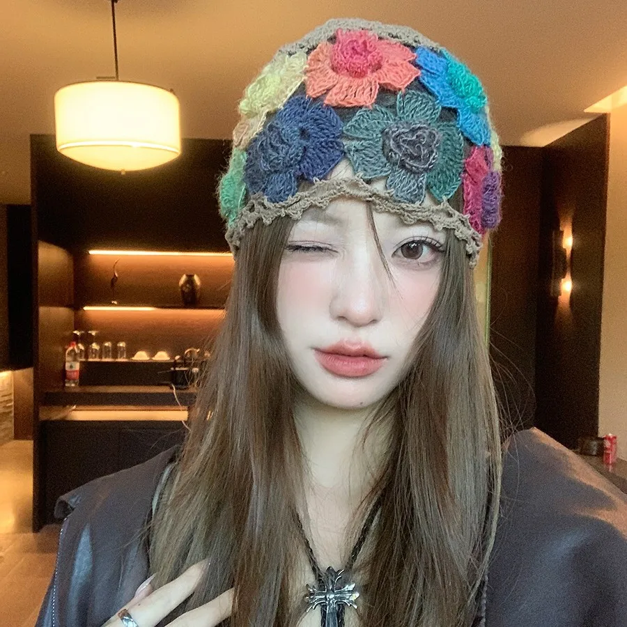 

Women's Pullover Hats Korean Colored Hollow Flowers Sweet Fashionable Versatile Trendy Exquisite Gentle Knitted Hats For Girl