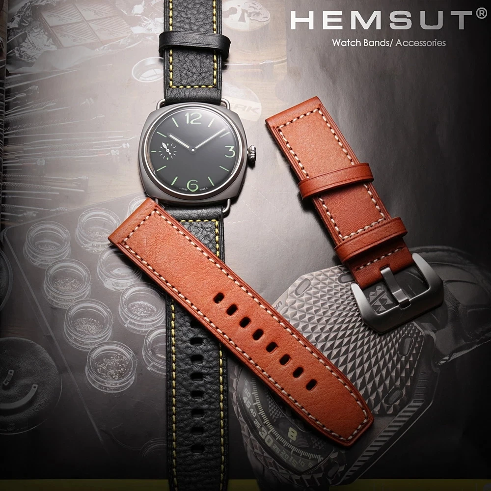 HEMSUT Geunine Leather Watch Band For Panerai Retro Vintage Handmade Cowhide Watch Straps For Men Women 20 22 24 26MM