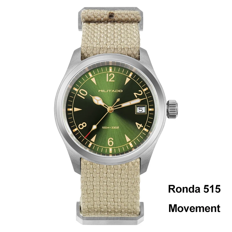 Militado ML08 ساعة عسكرية للرجال روندا 515 حركة الياقوت مضيئة ساعات عتيقة 10Bar مقاوم للماء ساعة من الفولاذ المقاوم للصدأ
