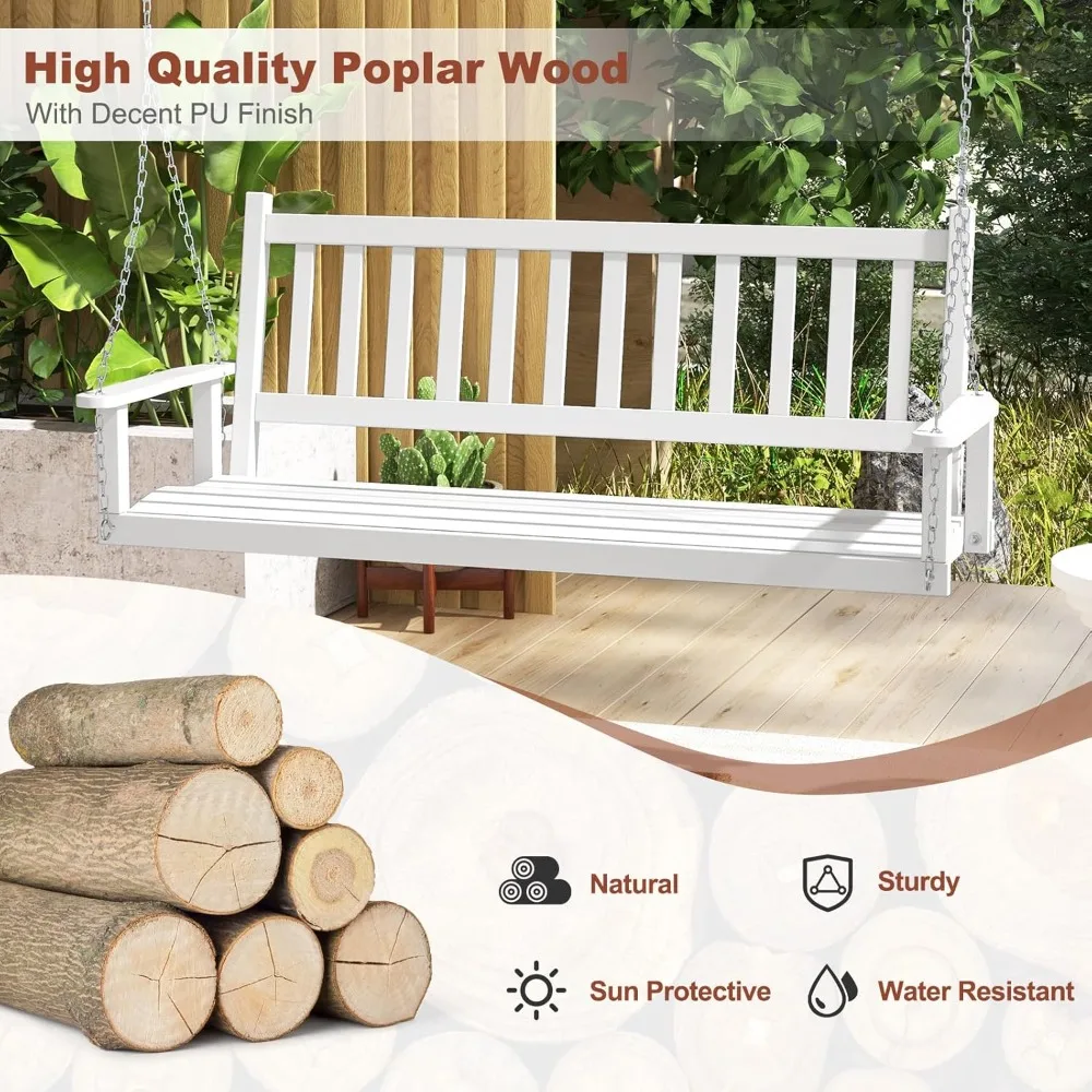 3 Person Wooden Porch Swing, Hanging Patio Swing with 2 Adjustable Galvanized Metal Chains, Back and Seating with Slats