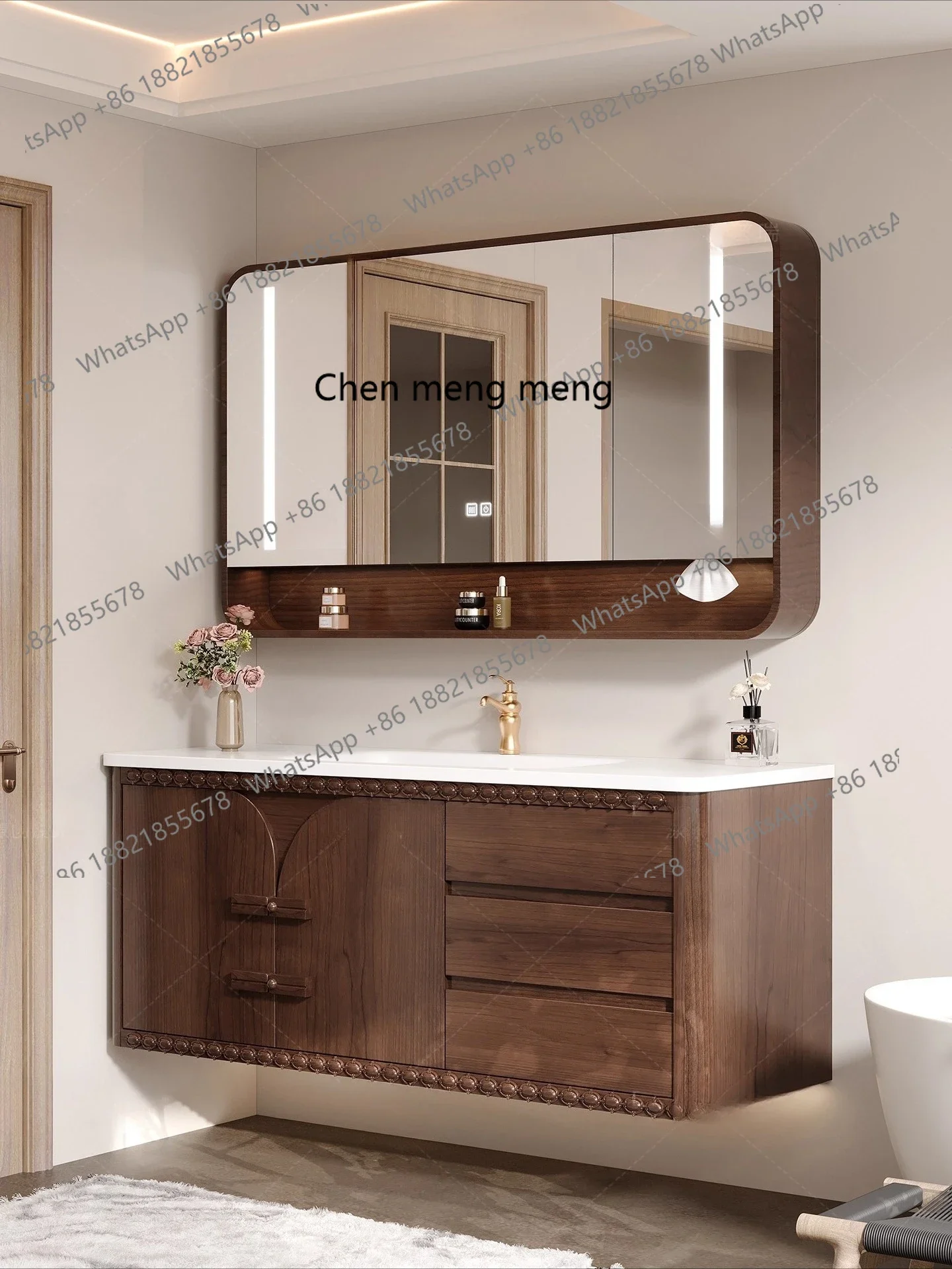 X Log Walnuss Corian Keramik integriertes Waschbecken moderne neue chinesische Badezimmerschrank-Kombination