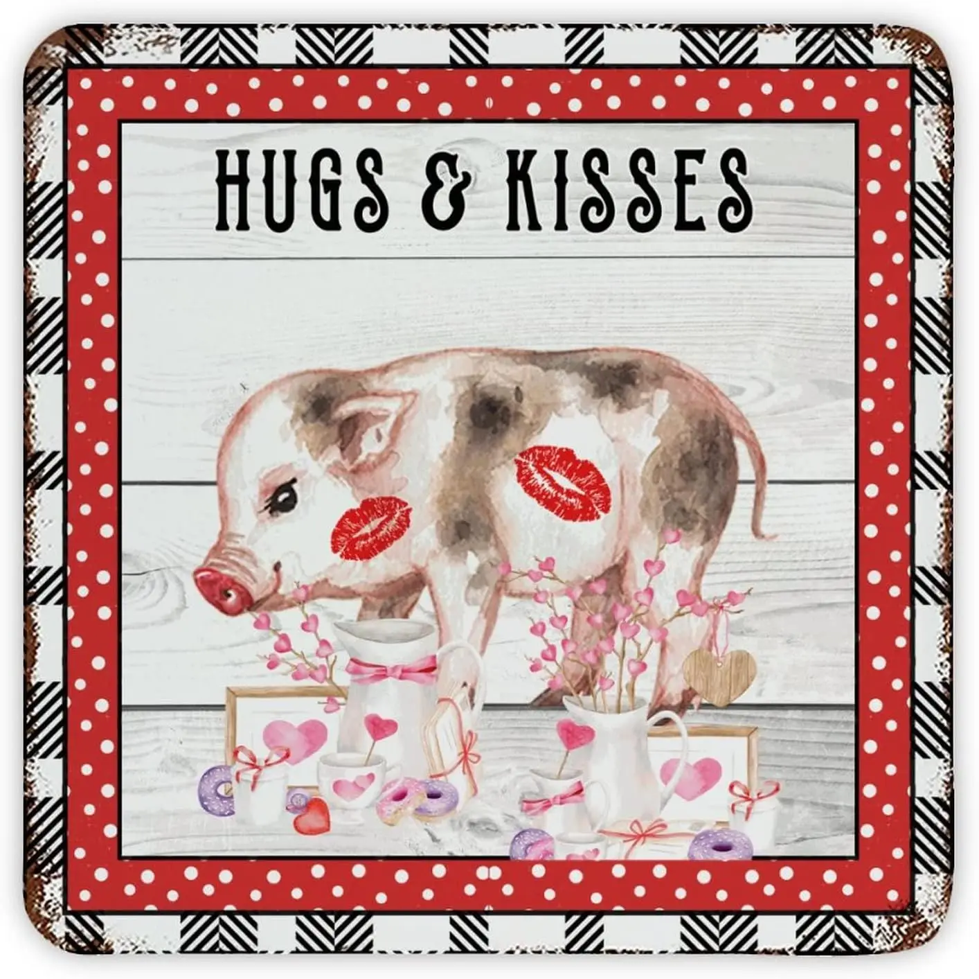 Valentine's Day Farm Animal Piggy Hugs And Kisses Vintage Metal Tin Sign Plaque Metal Poster Sign Rustic Bar Home Sign