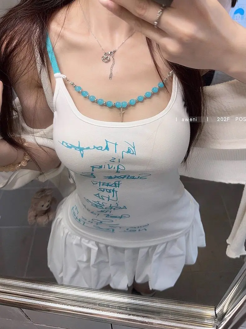 

American Hottie With Breast Pad Sexy Letter Printing Beaded Chain Suspender Vest Women Summer Base Top