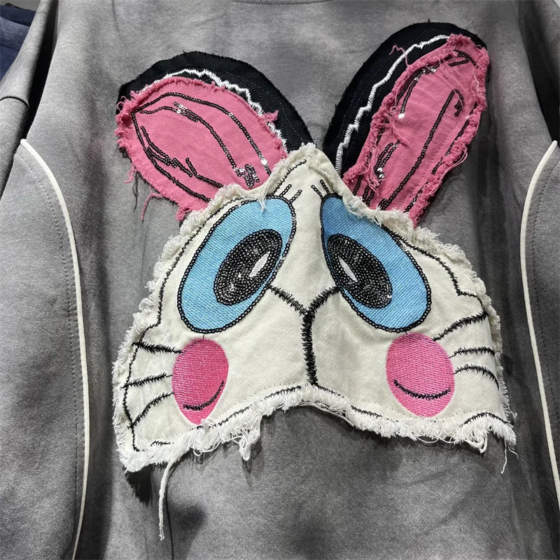 2025, Herbst, neue kurze Y2k-Kapuzenpullover, Rundhalsausschnitt, lange Ärmel, Farbverlaufsblock, Cartoon-Muster, lockeres, vielseitiges Sweatshirt