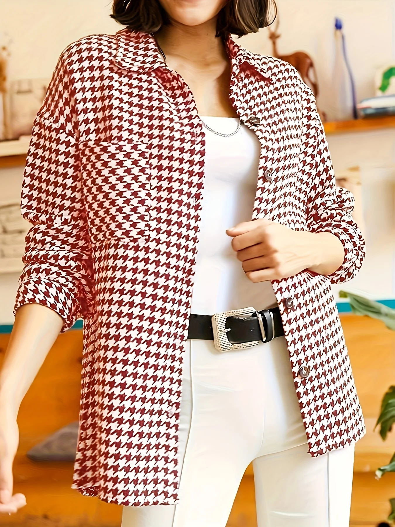 

Женская куртка большого размера, куртка с узором «гусиные лапки», рубашка с длинными рукавами, повседневный осенний топ