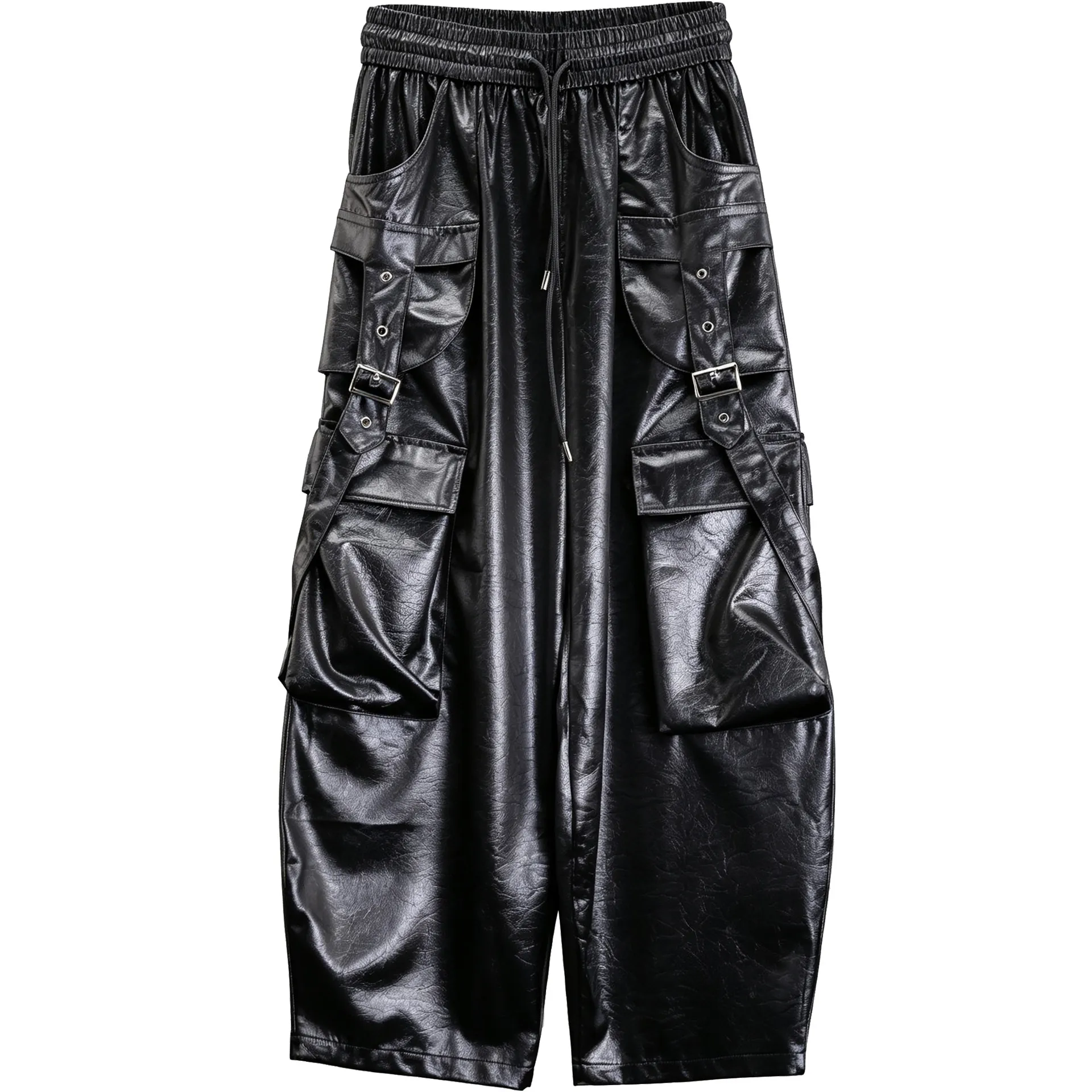 Designer Techwear Large Pocket Glossy Dark Pattern PU Leather Pants Dark Loose Large Size Skinny Ribbon Pants Overalls