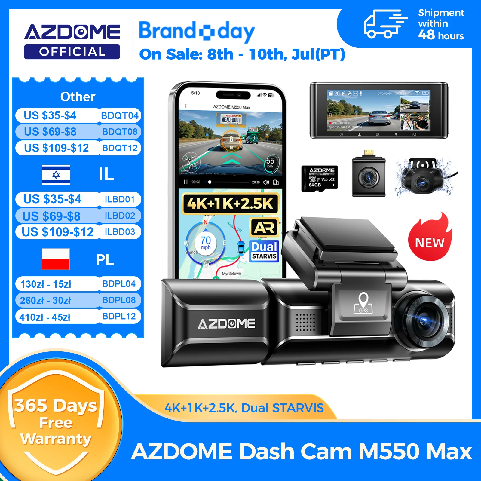 AZDOME M550 맥스 대시캠 4K+1K+2.5K 내장 GPS WiFi 150도 시야각 차량용 카메라 24시간 주차 모니터링 야간 시야 대시캠