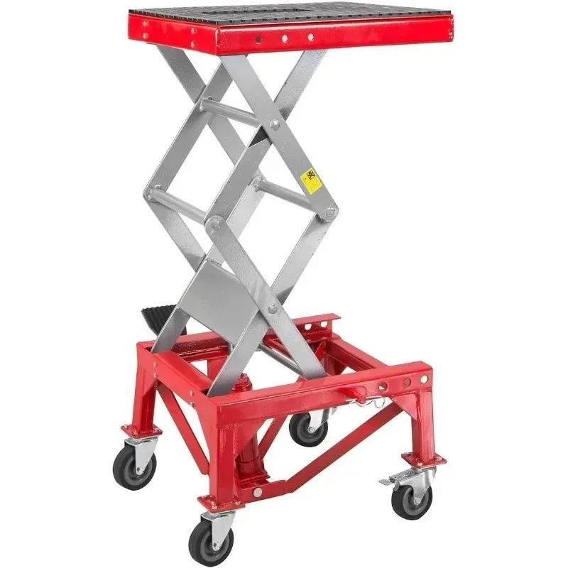 Red Mini Crank Motorcycle Scissor Jack Lift 300LBS Capacity Hydraulic Foot Operated Hoist for Dirt Bike ATV Maintenance