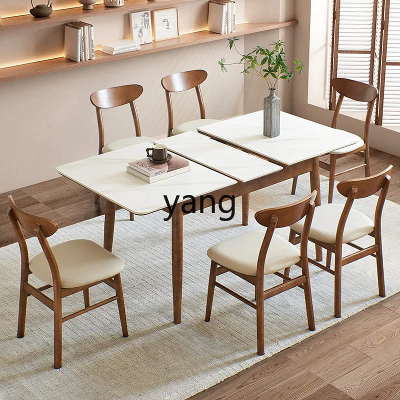 Yjq Solid Wood Stone Plate Retractable Dining Table Rectangular Small Apartment Modern Simple White Wax Dining Table and Chair