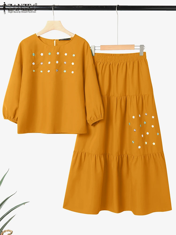 ZANZEA ลำลอง 2 ชิ้นชุดผู้หญิงเสื้อแขน 3/4 และกระโปรงยาวชั้น 2 ชิ้นชุดวันหยุดดอกไม้ปักชุดกระโปรง