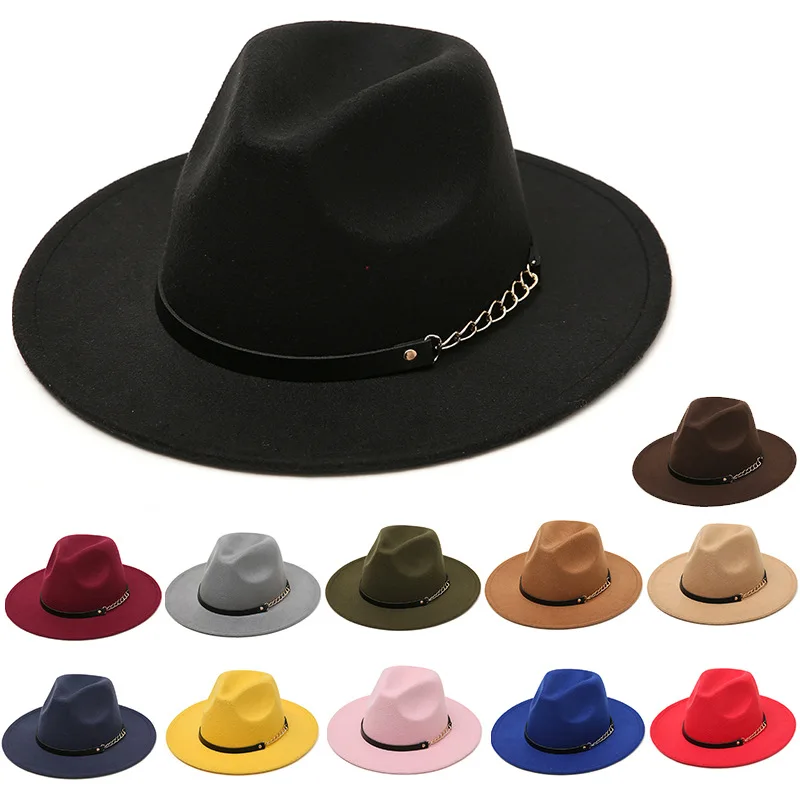 Autumn And Winter Trendy Simple Wool Felt Big Brim Hat Men And Women Woolen Chain Hat British Style Classic Retro Jazz Hat 1pcs