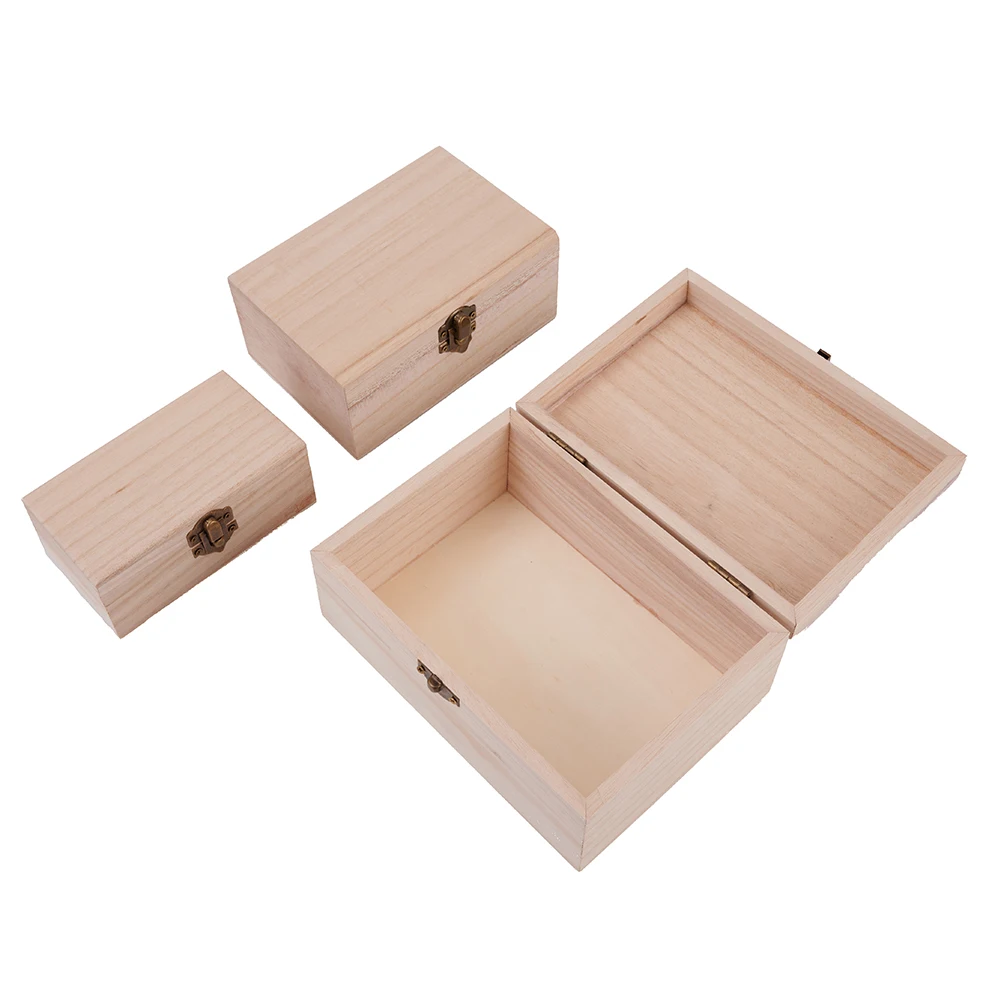 Plain Wood Wooden Square Hinged Storage  Boxes Craft Gift Box Solid Wood Home Storage Box Practical 3 Sizes