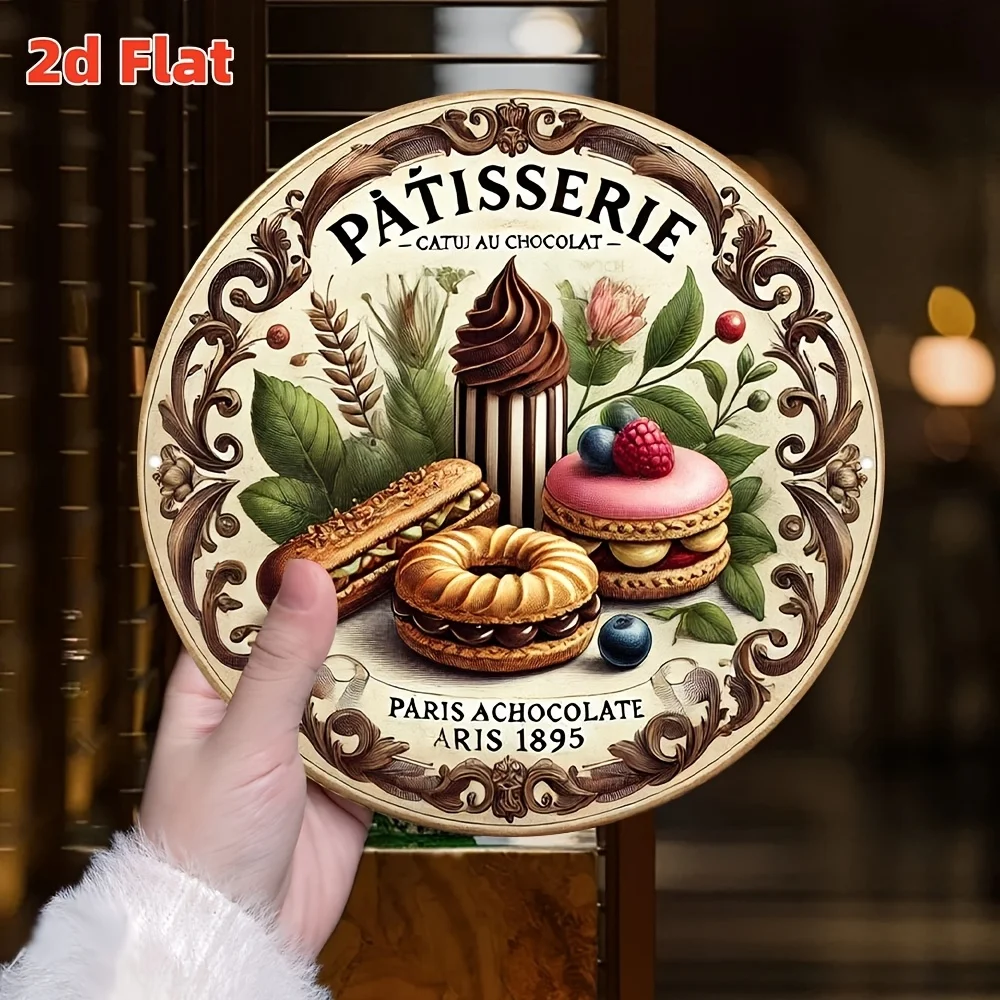 [2D Flat] Arte de pared de metal para tienda de horneado parisino vintage - Letrero redondo de aluminio de 19,81 cm con diseño de pastelería intrincado, resistente al agua