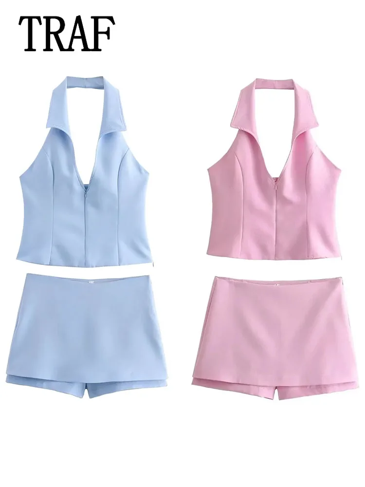 TRAF Women Skirts Shorts Set 2024 New Fashion Shorts Sweet Pink Summer Sexy Shorts Sets Women's Suit Women Outfit