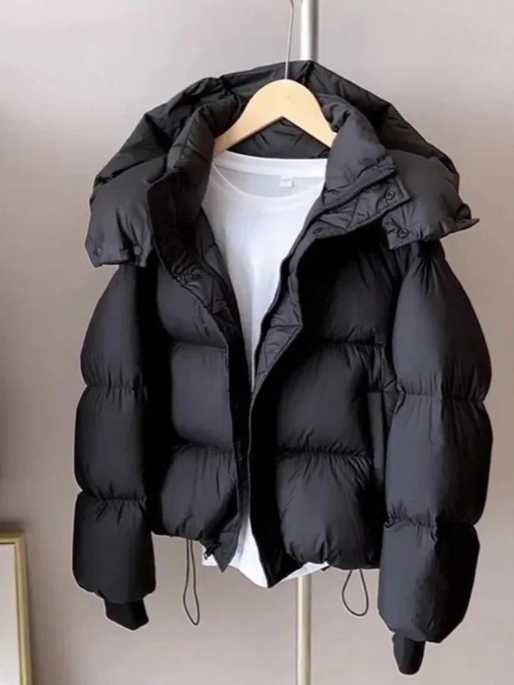 Women\'s Black Parka Jacket Coat Vintage Long Sleeve Thicken Hoodies Overcoat Harajuku Korean Thicken Warm Padded Jacket Winter