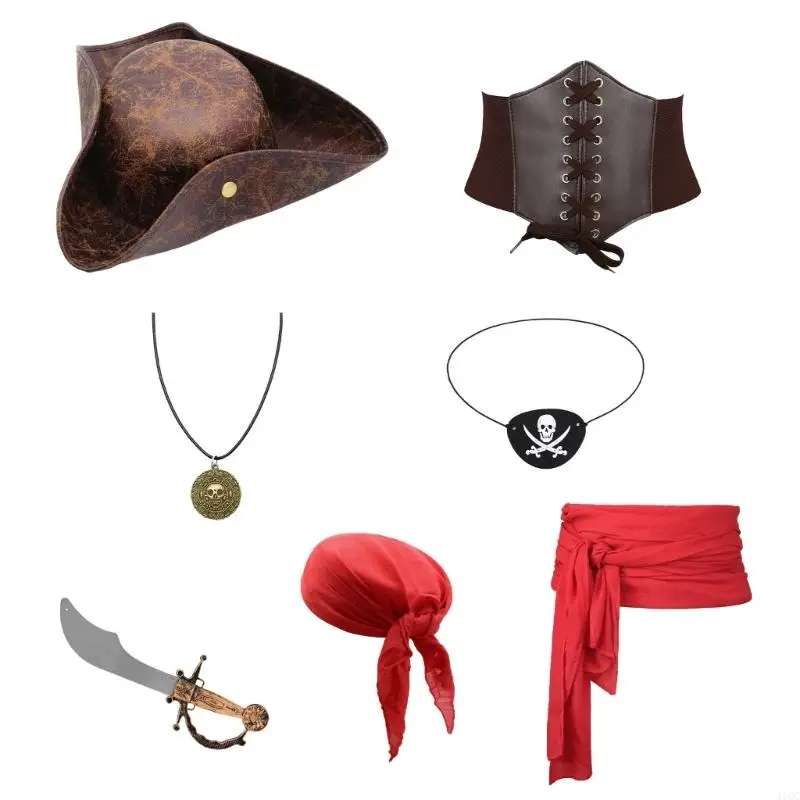 

2025 Новый 7pcs Pirate Theme Accessy Acvessy Acvessy Soft Hate Hat Sharf Costume Halloween