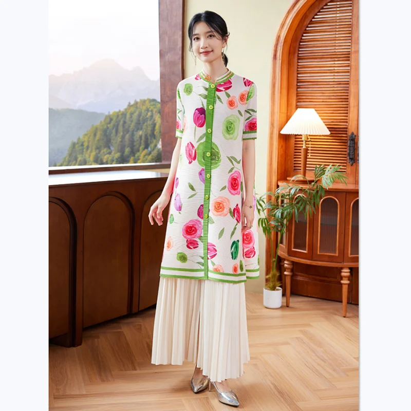 Summer Dress Women 2024 New Fashion Floral Printed Short Sleeved Stretch Miyake Pleated Loose Shirt Dresses