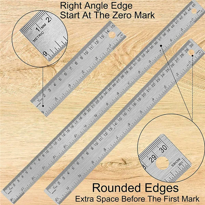 A52TMetal Ruler with Cork Backing:(12+18 Inch) Stainless Steel Ruler Non-Slip Rulers with Inch and Centimeters