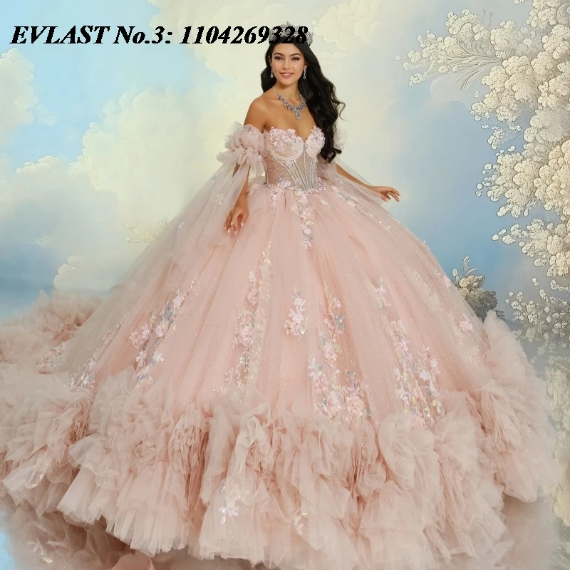 

EVLAST Customized Shiny Pink Quinceanera Dress Ball Gown Lace Applique Sequins Beads Ruffles Sweet 16 Vestidos De 15 Anos E3Q825