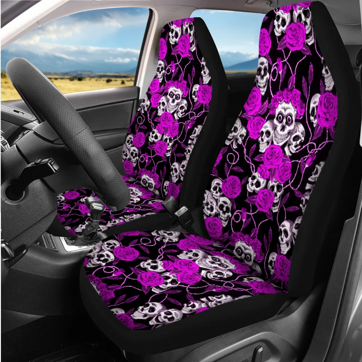 Automotive Seatbelt Covers High Quality Steering Wheel 7Pcs Car Accessories Full Set Comfortable Halloween Skull Rose Pattern