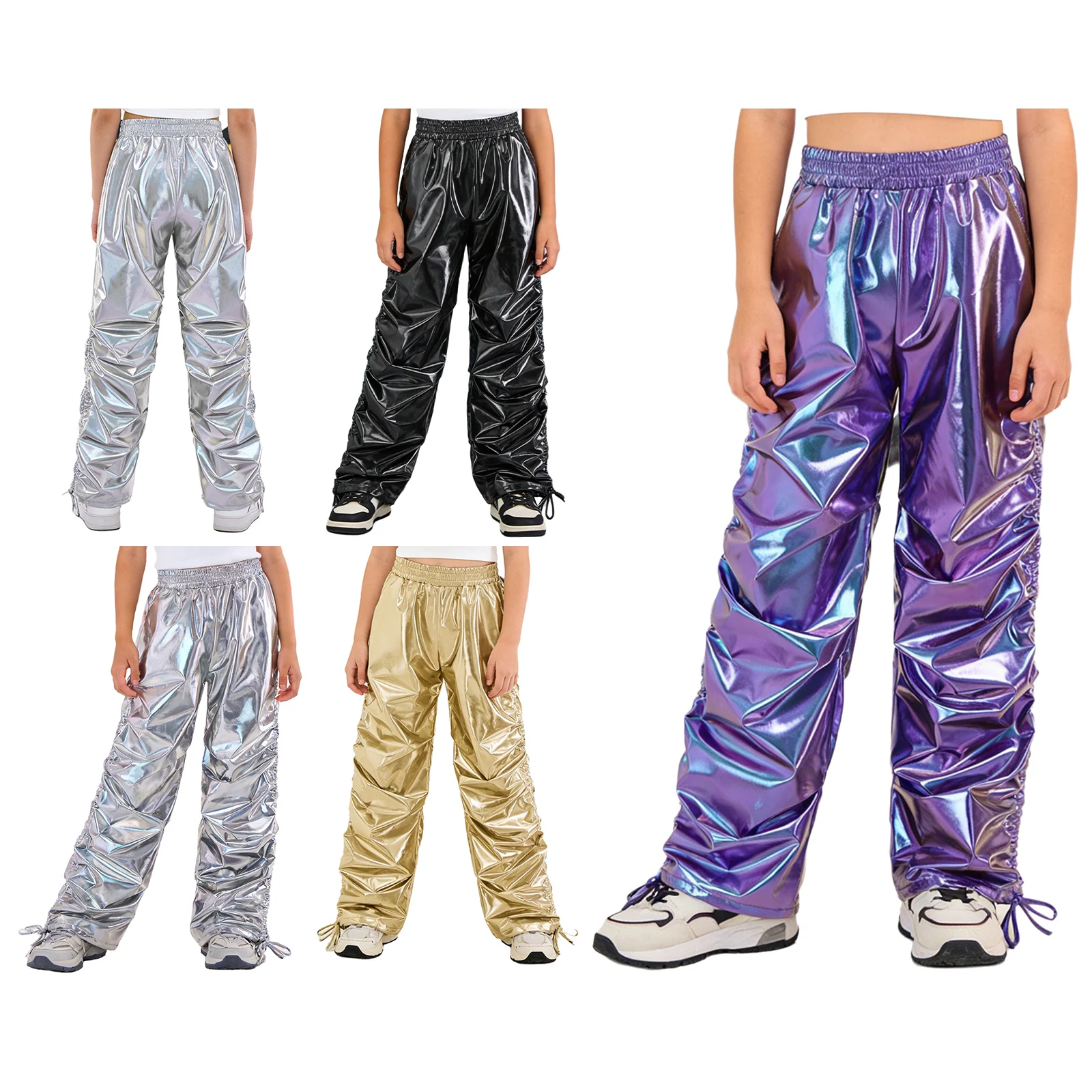 Kids Boys Girls Drawstring Metallic Pants Jazz Hip-Hop Dance Performance Costumes Elastic Waistband Ruched Straight-leg Trousers
