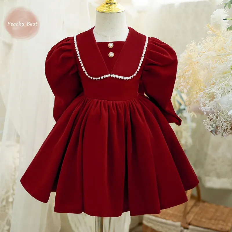 Newborn Baby Girl Princess Christmas Red Dresses Puff Long Sleeve Infant Toddler Child Bow Vintage Winter Evening Gown 12M-14Y