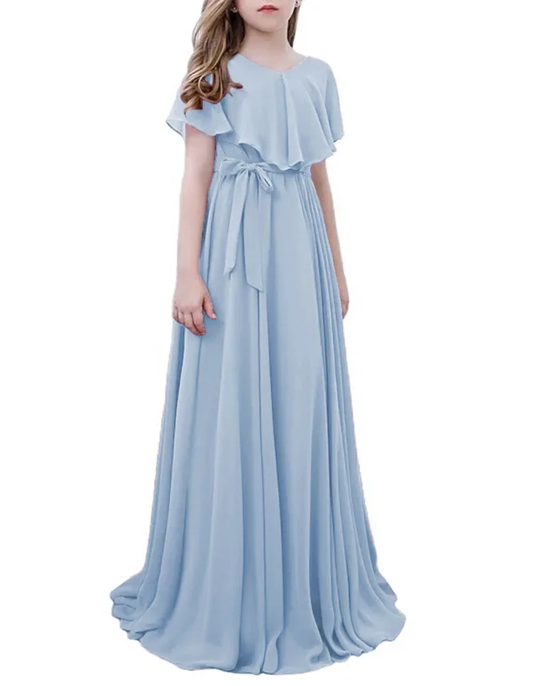 Slit Juniors Bridesmaid Dresses For Wedding With Sashes Double V Shawl Sleeves Customized Chiffon Teens Flower Girl Dress Long