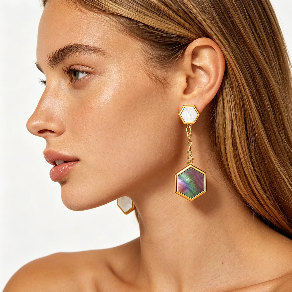 Neuer Trend: Geometrische Sechseck-Ohrringe mit Farbverlauf, Edelstahl, lange Kette, rhombisches Design, für den Alltag, elegantes Geschenk für Damen