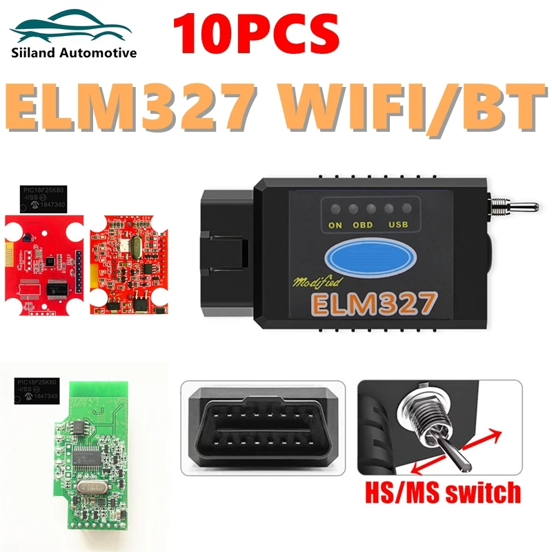 

10PCS/Lot ELM327 V1.5 with Bluetooth&WIFI PIC18F25K80 Chip HS CAN/MS CAN switch with FORScan for Ford Car Diagnostic Scanner