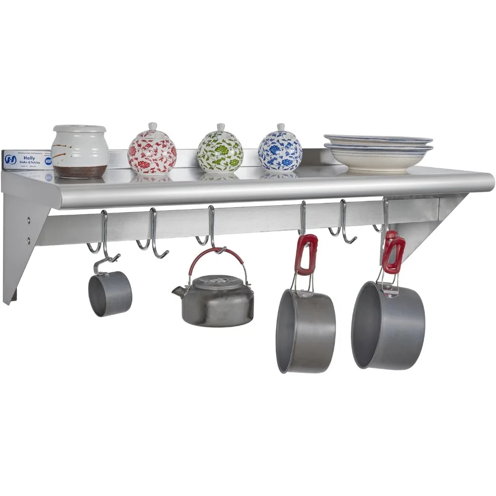 

Настенная полка из нержавеющей стали с крючками для подвешивания кастрюль и сковородок, для коммерческой кухни, 12x36 дюймов