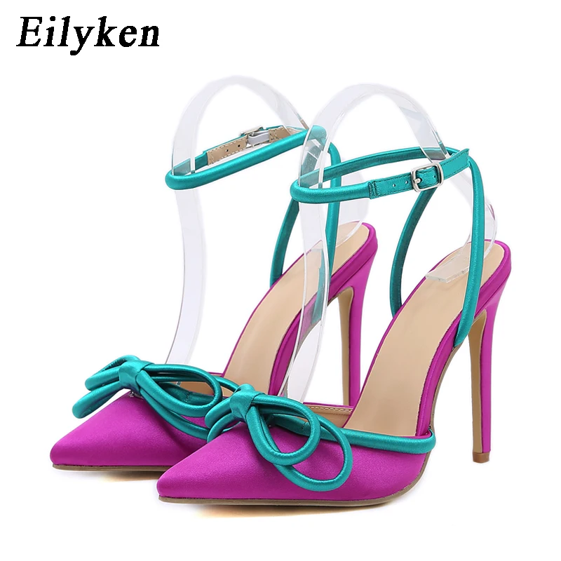 Eilyken 2024 New Arrival Silk Pumps Woman Ankle Buckle Strap Pointed Toe Hih Heel Sandal Sexy Party Nightclub Wedding Shoes