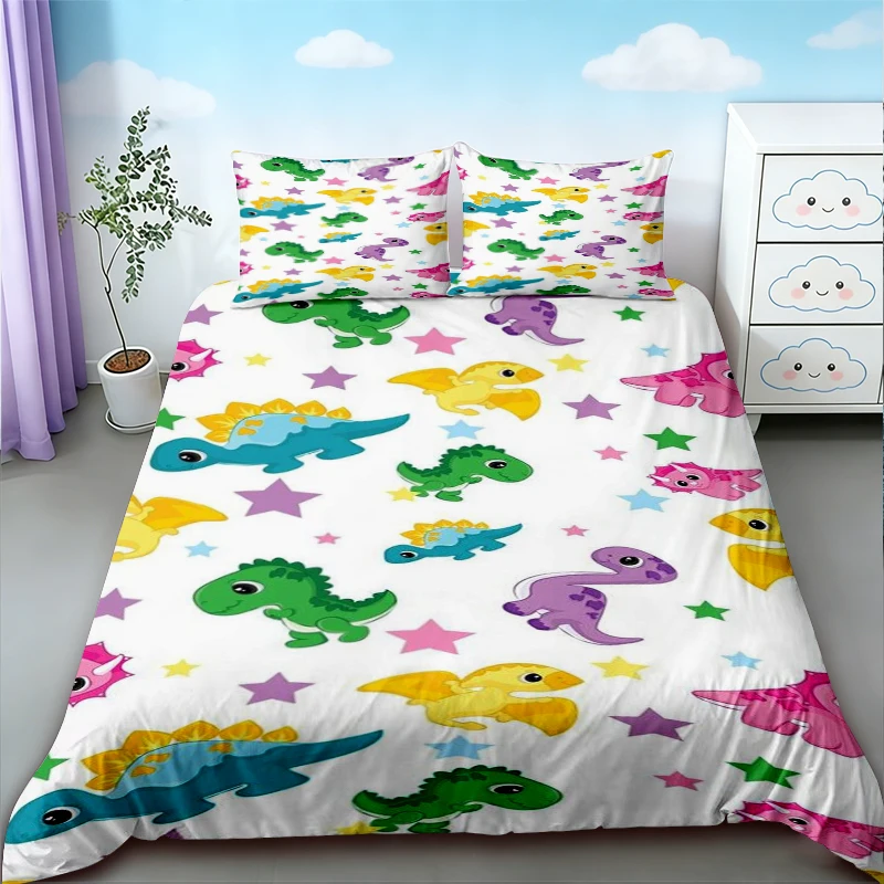 Duvet Cover Cute Dinosaur King Queen Kawaii Cartoon Wild Dino Bedding Set for Kids Boys Girls Jungle Animals Comforter Cover view 6
