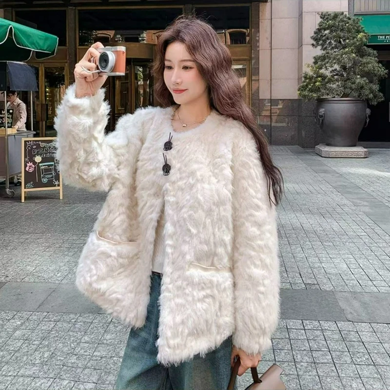 

Экологичное меховое однобортное короткое пальто с круглым вырезом для женщин, осень-зима 2026, модная элегантная теплая куртка из лисьей норки с цветочным принтом