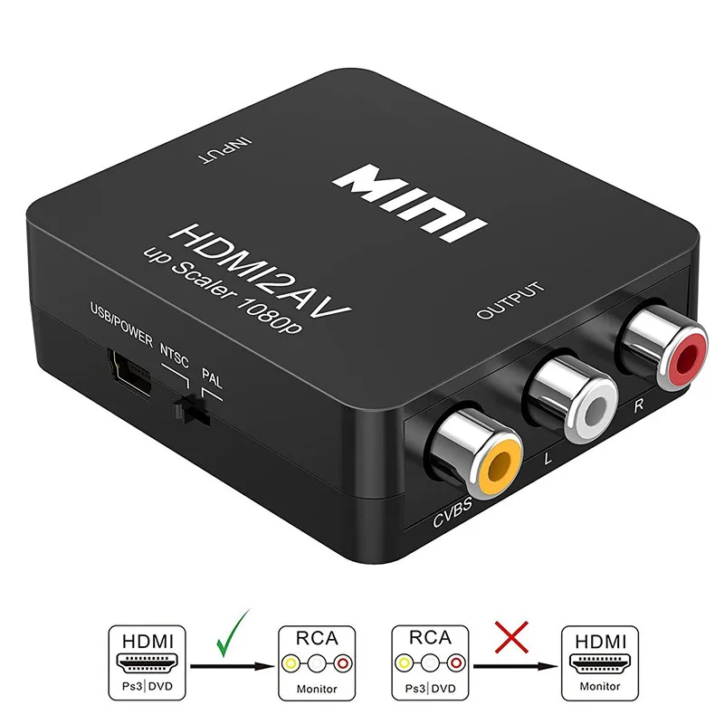 Convertidor HDMI a RCA AV, Adaptador HD a AV para Android TV, Smart Box, Laptop, 1080P, 720P, 480P, NTSC/PAL, HDMI2AV, Negro