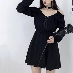 Black Women Dress Solid Camis Lace Up Black Autumn High Waist Femme Dresses Off Shoulder Long Sleeve Gothic Clothes