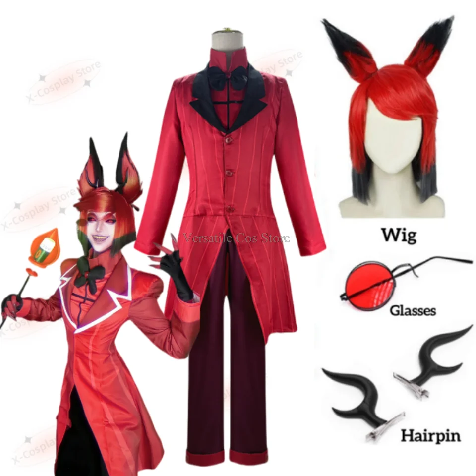 Alastor Hazbin Cosplay Costume Hotel Radio Demon Cosplay Red Jacket Shirt Pants Gloves Tie Uniform Halloween Full