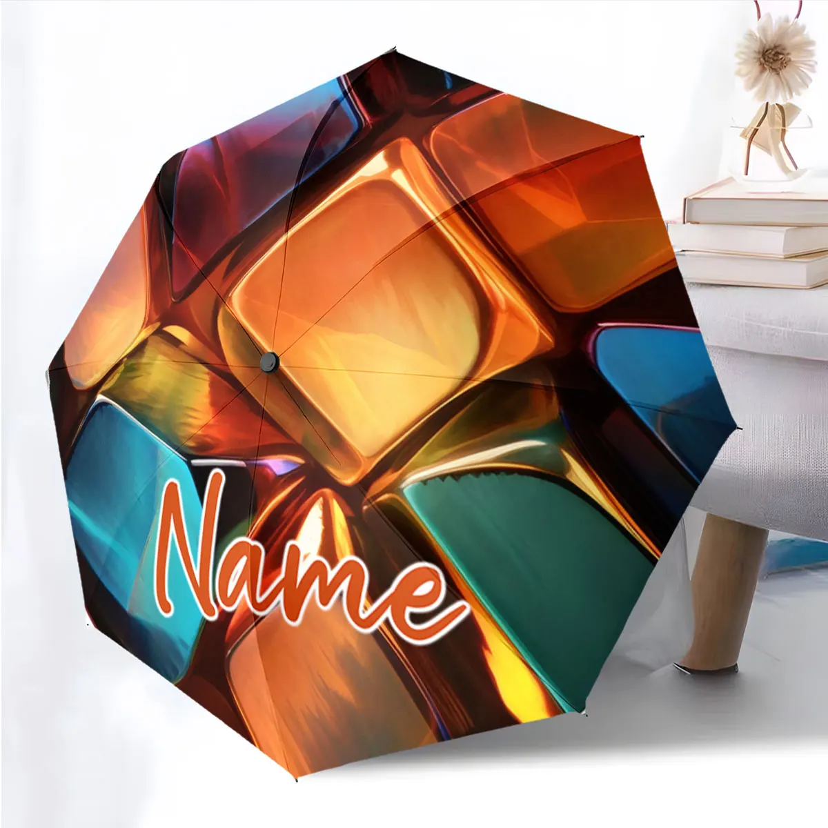 Custom Name Colorful Geometric Design Umbrella Feature Print 8 Iron Ribs Folding Umbrella, Auto-Open Fashion Sunshade