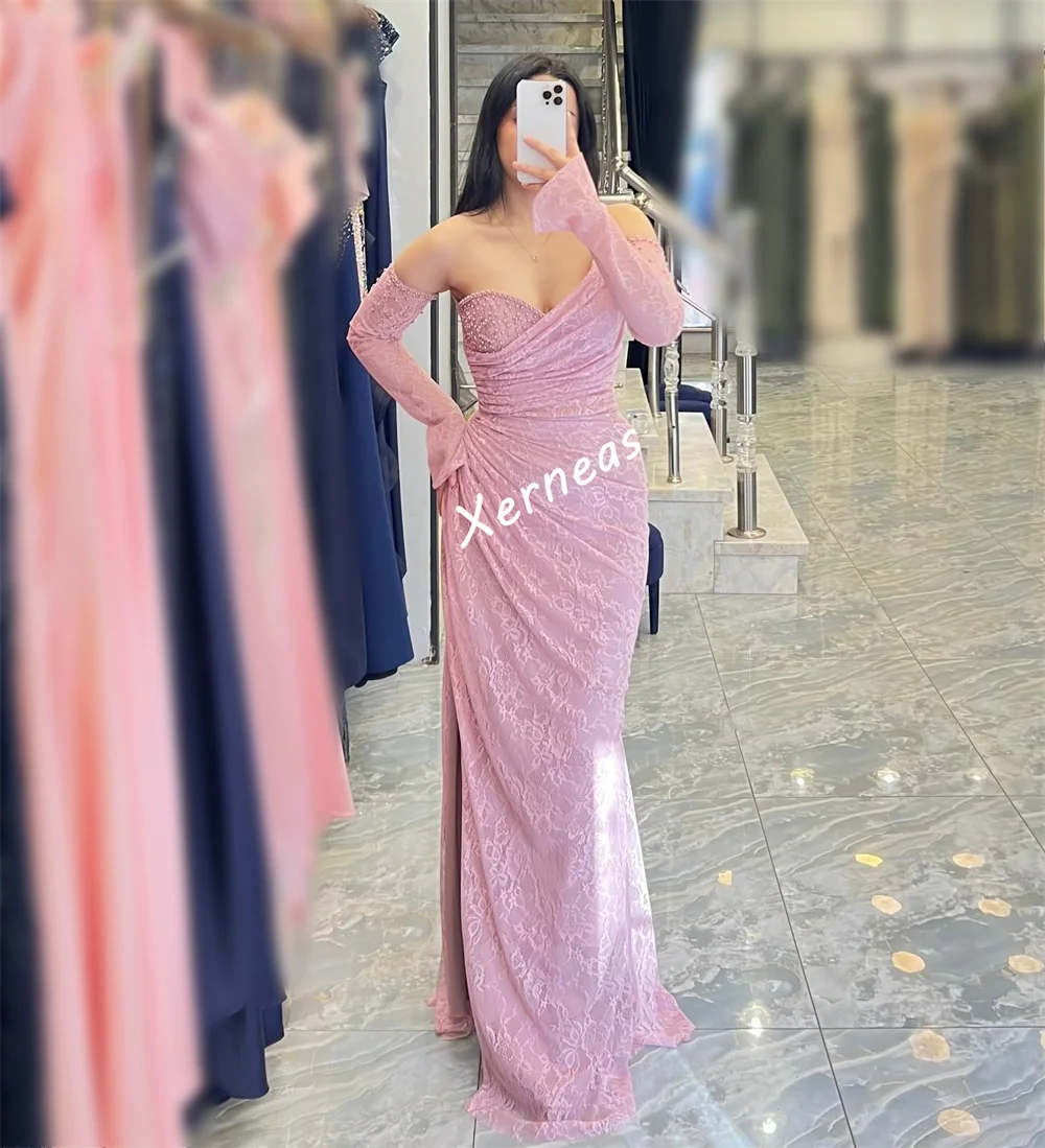 تخصيص الدانتيل الطية الديكور خارج على الكتف البوق فساتين طويلة مخصصة مناسبة مساء اللباس عالية الجودة حزب ثوب