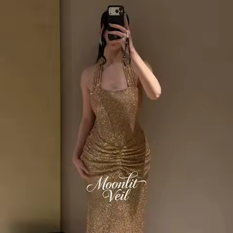 Moonlit Veil Customized Halter Sequined Beading Sleeveless Beading Formal Evening Dress Birthday Party Prom Gown