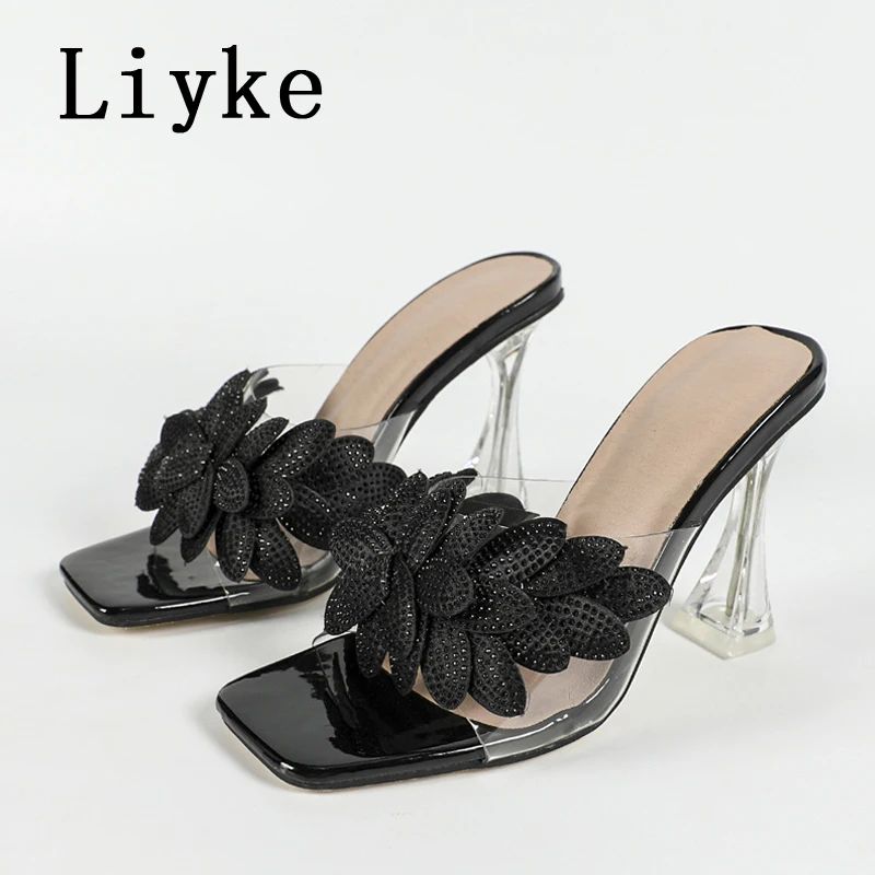 Liyke Vreemde Stijl Heldere Hoge Hakken Transparante Slippers Voor Vrouwen Straat Sexy Strass Vierkante Teen Feestjurk Schoenen Sandalen