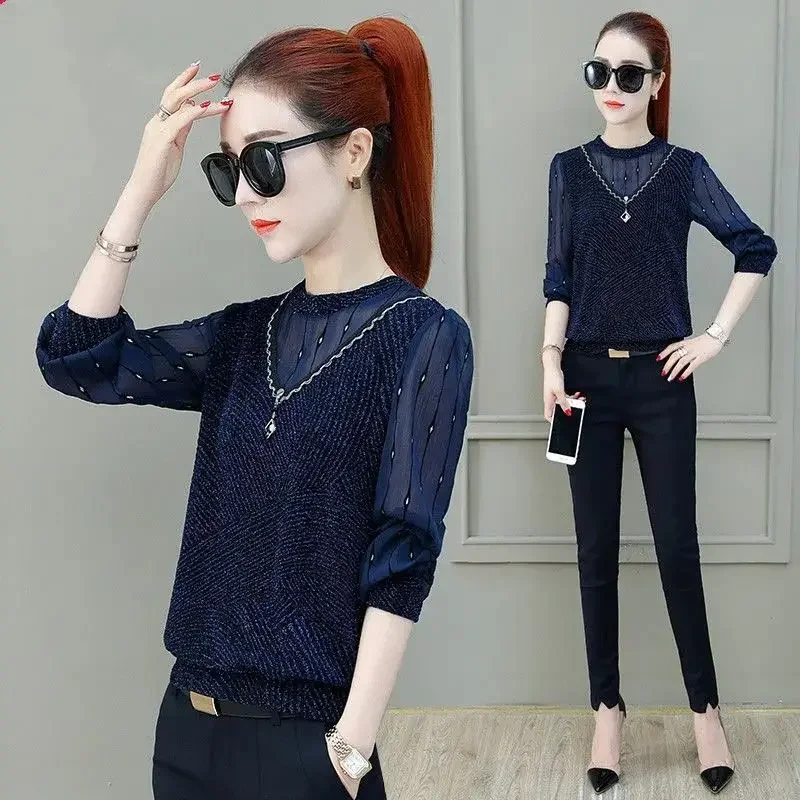 

Fashion Mesh Bottoming Shirt for Women's Long Sleeved Spring Autumn New Loose T-shirt Blusa